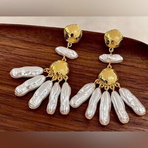 Gold and White Pearl Drop Earrings - Elegant Women Jewelry